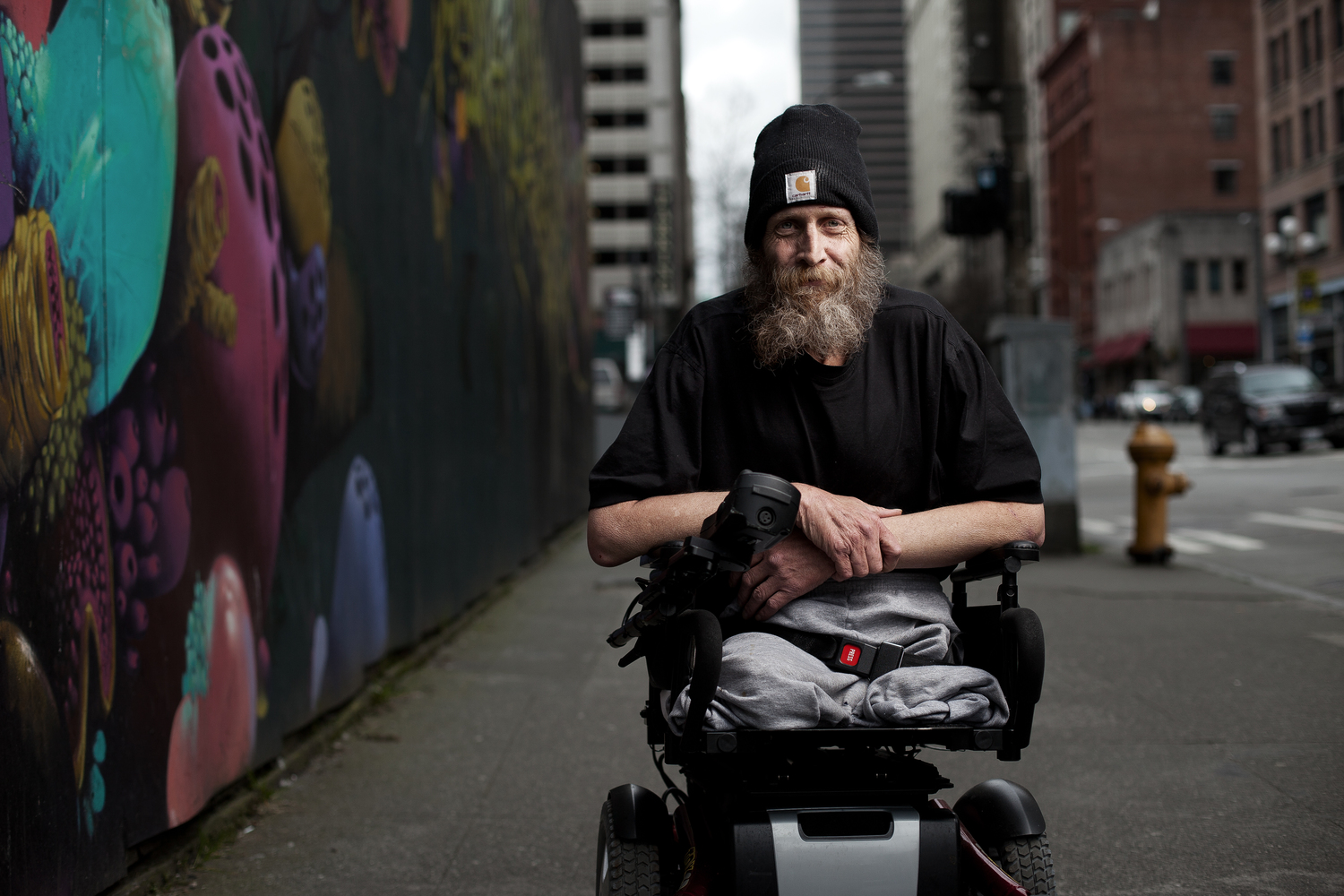 I met James during a commissioned shoot. While the model was changing, he rolled up to me and struck a pose, prompting me to talk to him and ask to take his portrait. James doesn't speak much, but he's one of the kindest men I've ever met on the street.