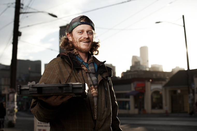 Morgan walks around Seattle with this case, selling jewelry he makes out of various exotic rocks.